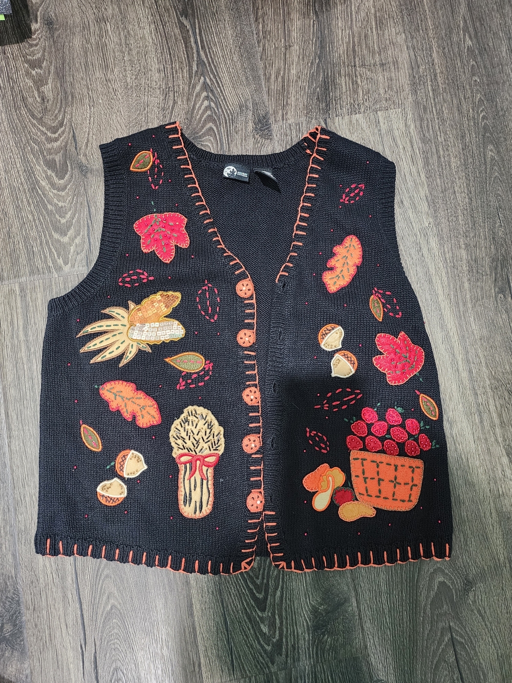 Holiday Editions Black Embroidered Autumn Motif Sweater Vest